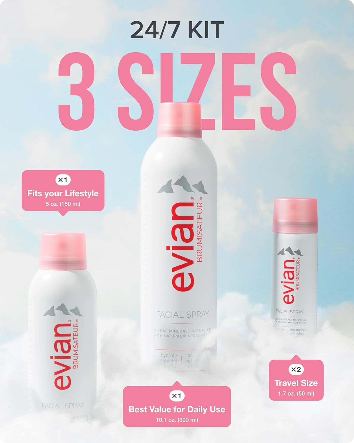 Evian Facial Spray 24/7 Kit - Hydrating Mineral Water Mist for Face & Skin - Refreshes Makeup, Sets, & Tones - Travel-Friendly Sizes for Daily Moisture Boost - Image 6