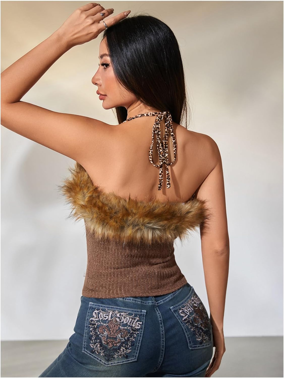MakeMeChic Women's Faux Fur Leopard Halter Tops Metal Ring Tie Back Y2k Concert Top - Image 2