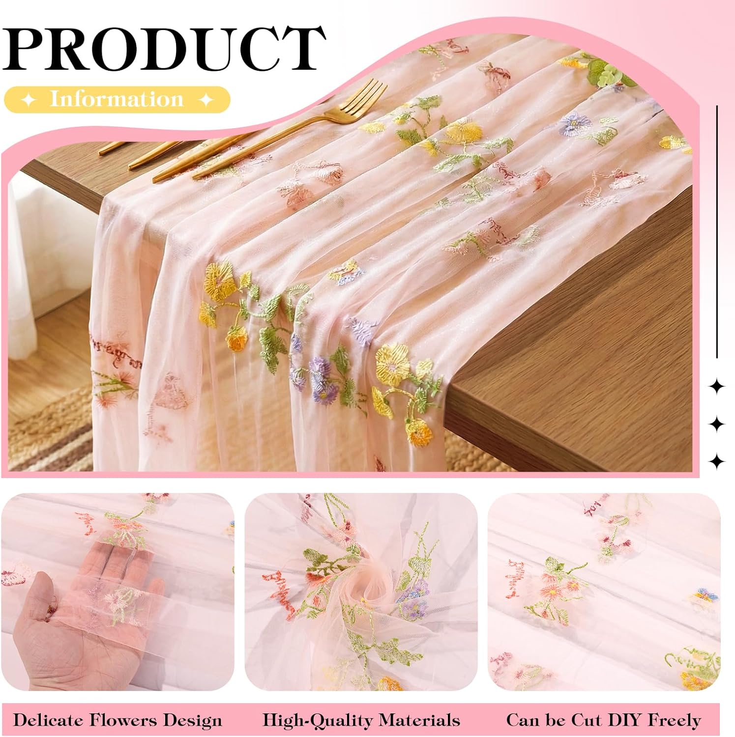 Embroidery Floral Table Runner Spring Summer Tulle Boho Table Runners Wildflower Party Decorations for Kitchen Dining Holiday Wedding Tea Party, 108 x 24.5 Inch, Pink
