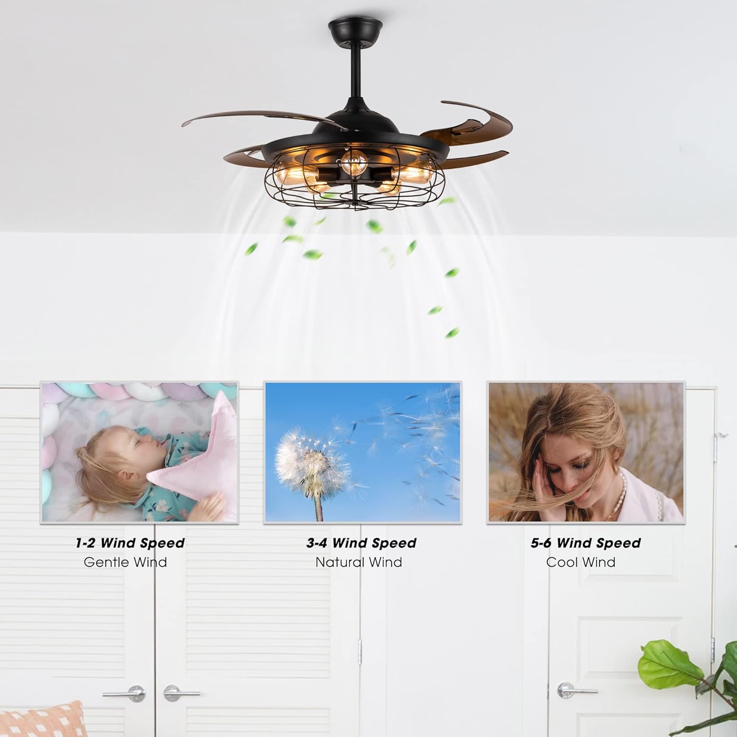 Blасk Frіdау Clеаrаnсе APBEAMLighting Industrial Ceiling Fan with Light Retractable Vintage Fan Fandelier Black Caged Ceiling Fan Chandelier with Remote Control Reverse Blades for Farmhouse Living Dining Room 48 Inches