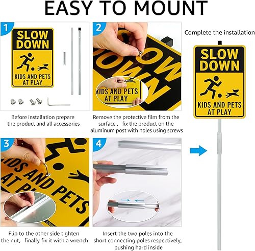 Miniatura 10 de Paquete de 2 letreros metálicos de Slow Down para niños y mascotas en juego con estacas en H, letreros reflectantes de aluminio de 14 pulgadas y 10