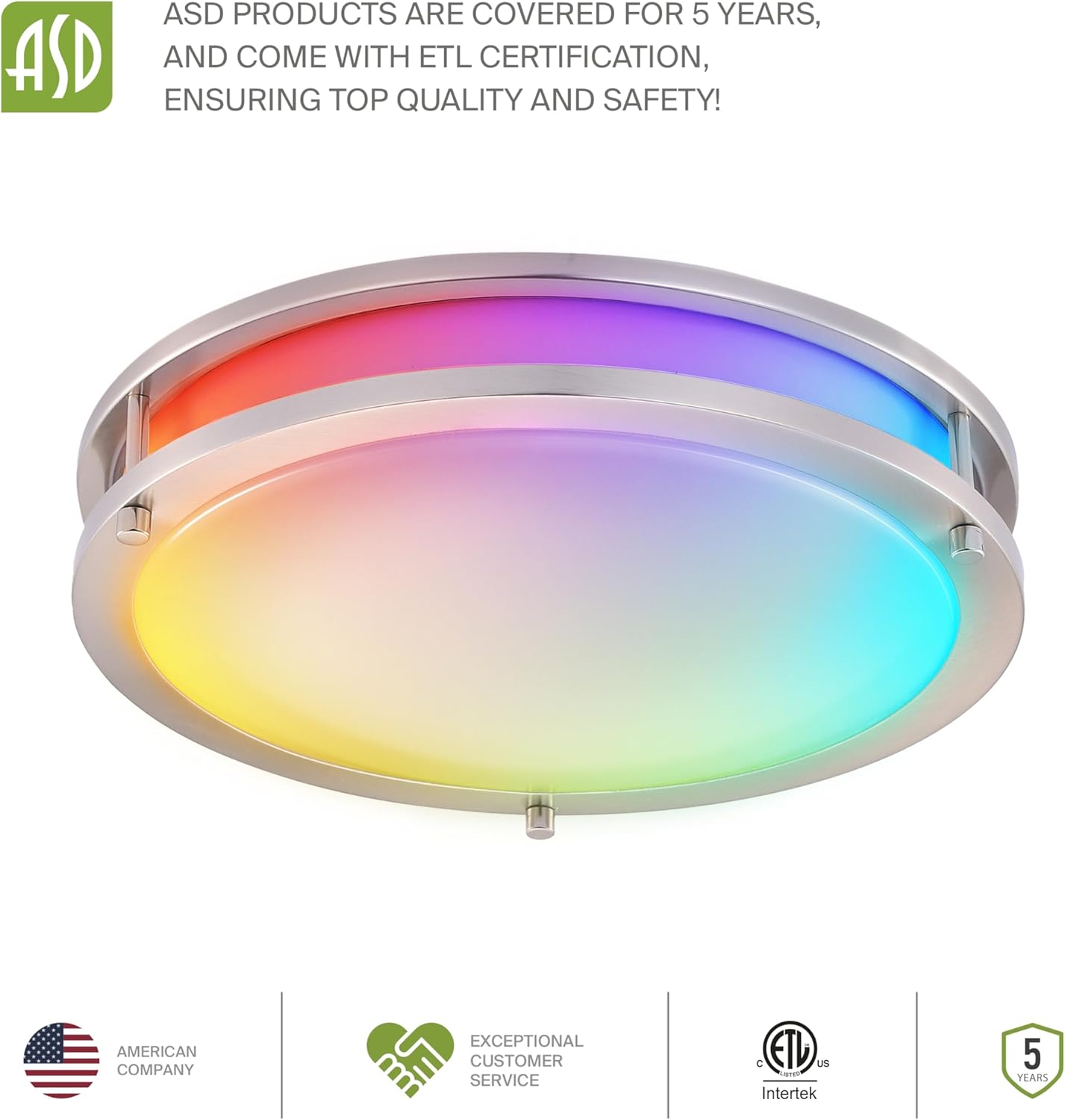 ASD LED 14" Round Flush Mount Lighting, Close to Ceiling Light Fixture | Smart, Multicolor, Dimmable, ETL Listed | 21W 1429LM RGB-2700-6500K 120V | Low Profile Double Ring Lamp | Nickel