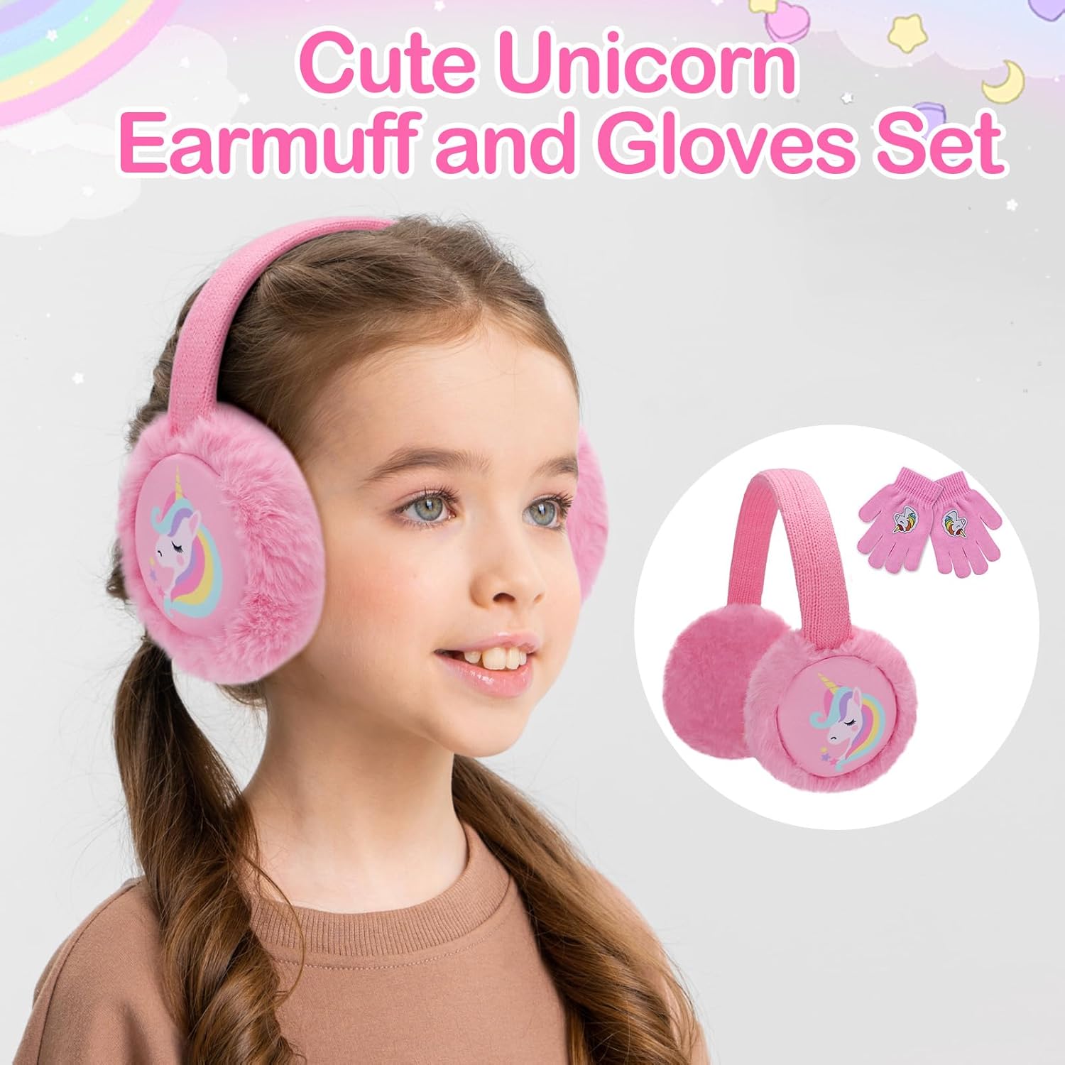 ACTLATI Kids Knit Unicorn Earmuffs and Gloves Set Girls Plush Ear Muffs Winter Outdoor Ear Warmers and Mittens Set - Image 3