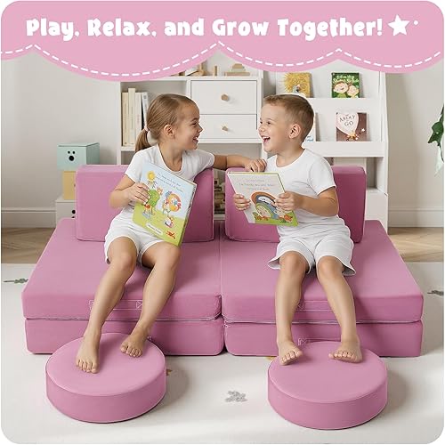 Miniatura 4 de MeMoreCool 8-Piece Kids Modular Play Couch – Convertible Foam Sofa & Building Fort Set, Soft Plush Washable Toddler Furniture for Playroom, Rosa