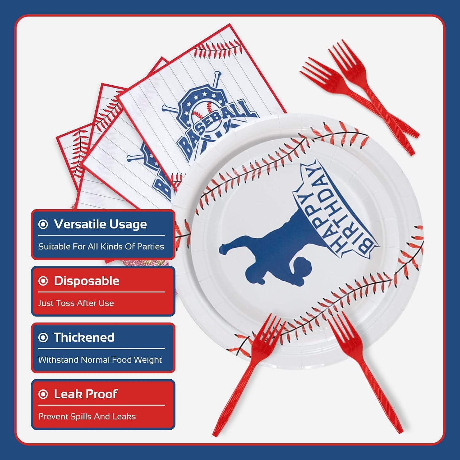 96 Pcs Baseball Party Decorations | Serve 24 - Baseball Theme Birthday Party Tableware Set Includes Plates, Forks, Napkins, Supplies for Kids Boys Sport Party Decor