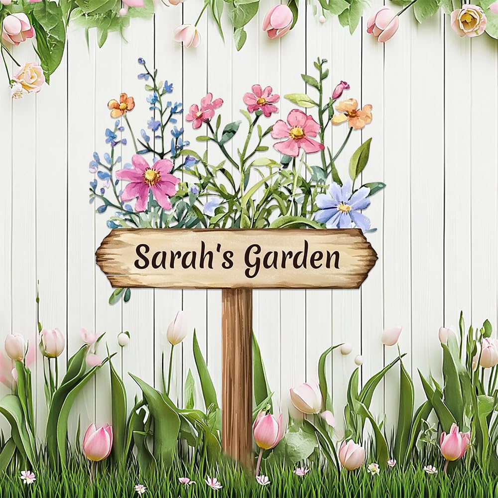 Colorful Flower Garden Signs with Stake Personalized,Custom Gardener Name Metal Sign for Outside,Customized Floral Welcome Plaque for Birthday Housewarming Gifts,Gardening Decor for Lawn Yard Outdoor