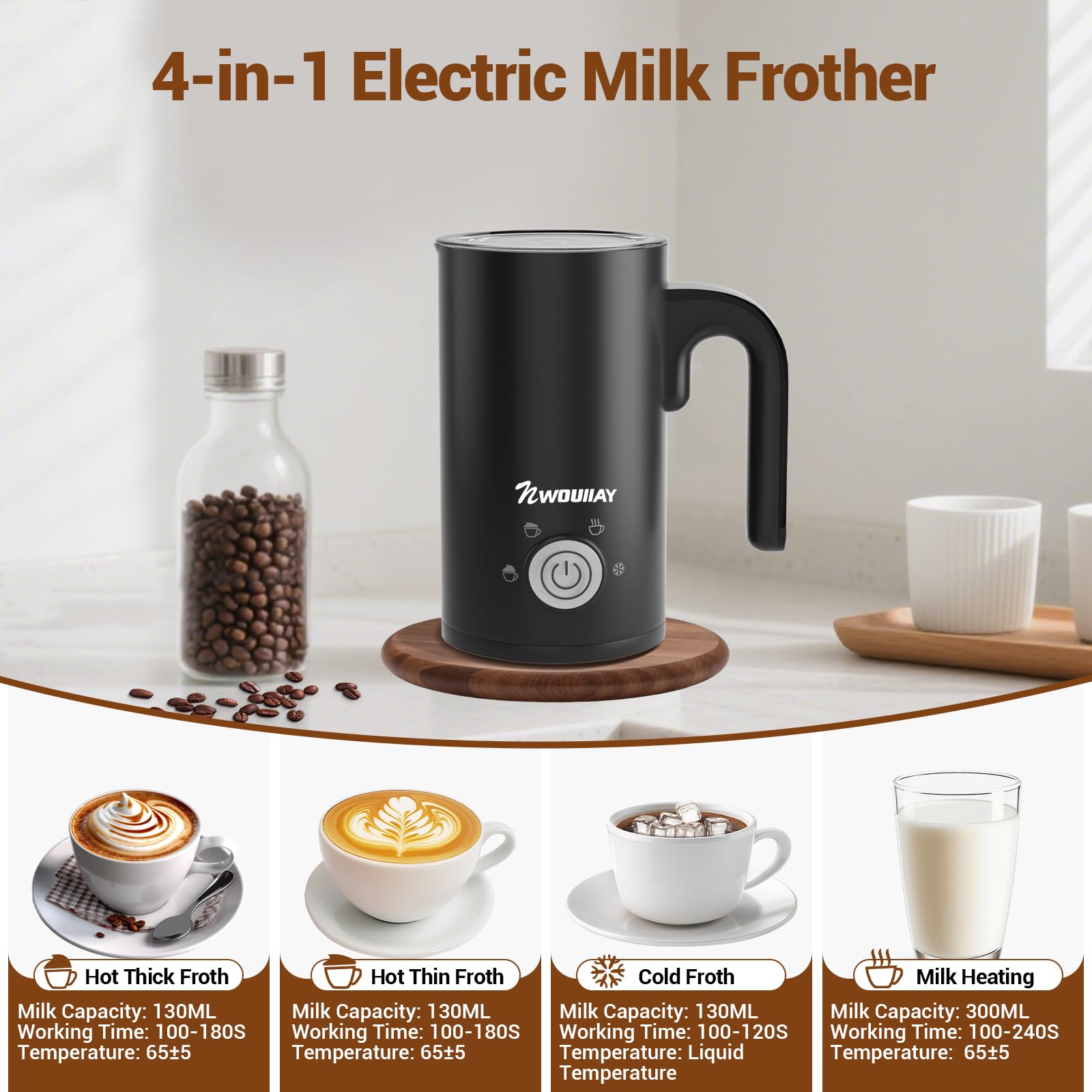 NWOUIIAY Montalatte Elettrico 4 in 1 Cappuccinatore Elettrico 300ML 600W Silenzioso con Manico per Caldo e Freddo Schiuma di Latte Rivestimento Antiaderente per Latte Cappuccino Macchiato