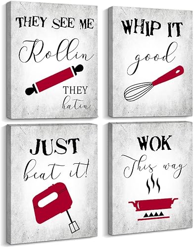 Creoate Lienzo decorativo de pared para cocina, 4 piezas divertidas de reglas de cocina para decoración de pared, lienzo rojo vintage, juego