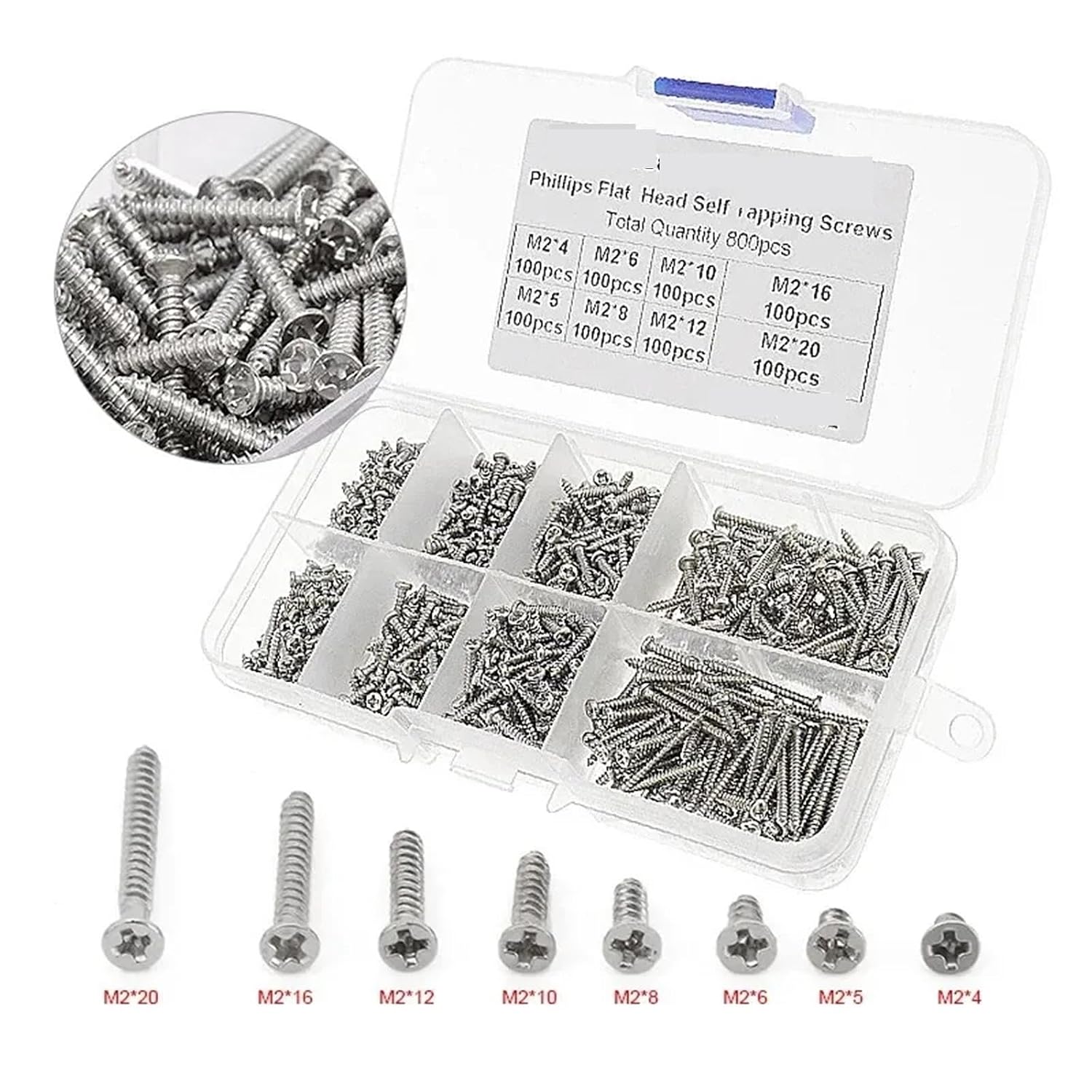 M2 Carbon Steel Self-Tapping Screws 800PCS Cross Round Head Nickel Plated