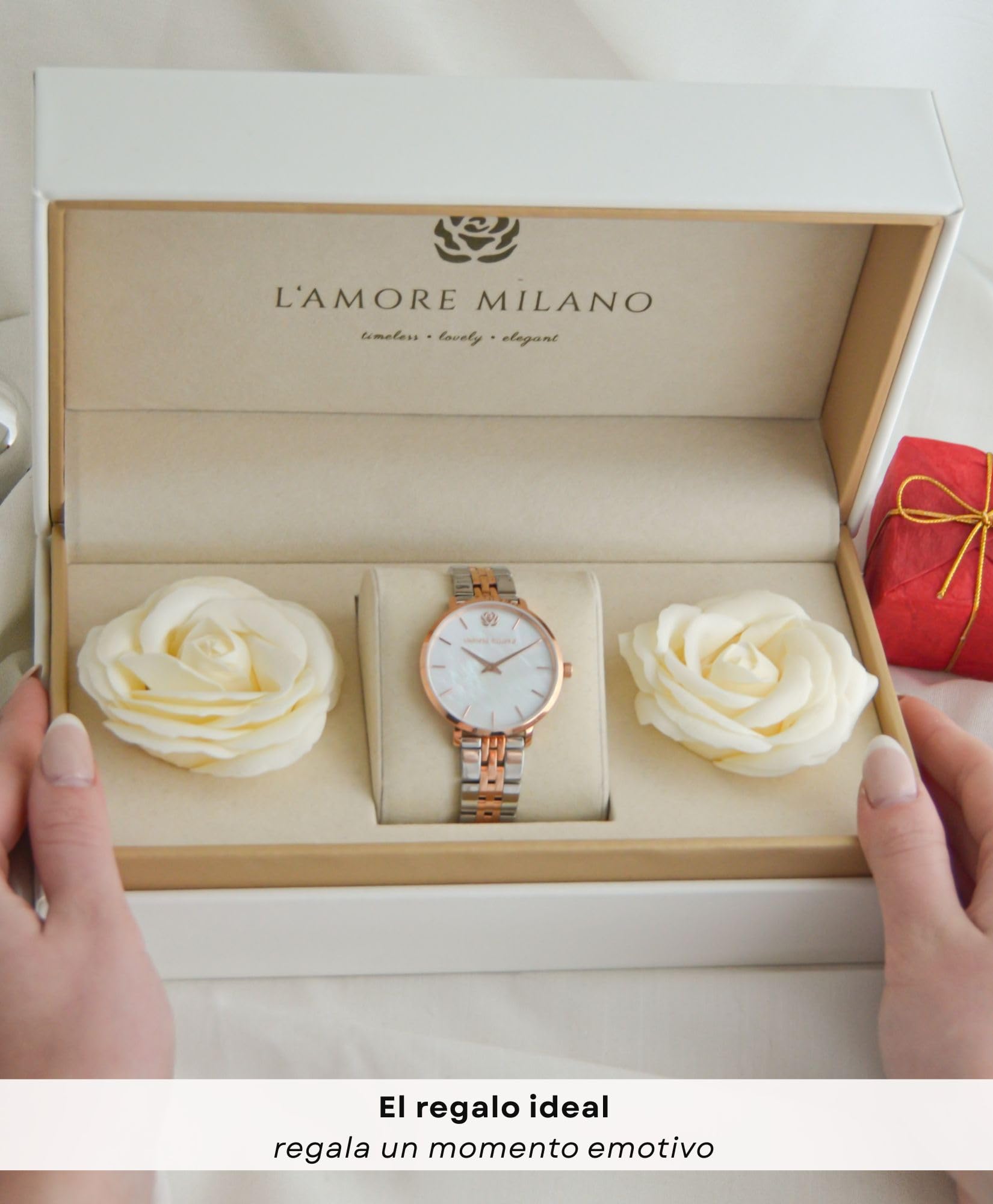 L'AMORE MILANO Reloj Mujer en Caja Rosa - Reloj de Pulsera Delgado Acero Inoxidable, Resistente al Agua 5 ATM - Regalo para Mujer, Novia, Madre - Reloj Noble 36 mm