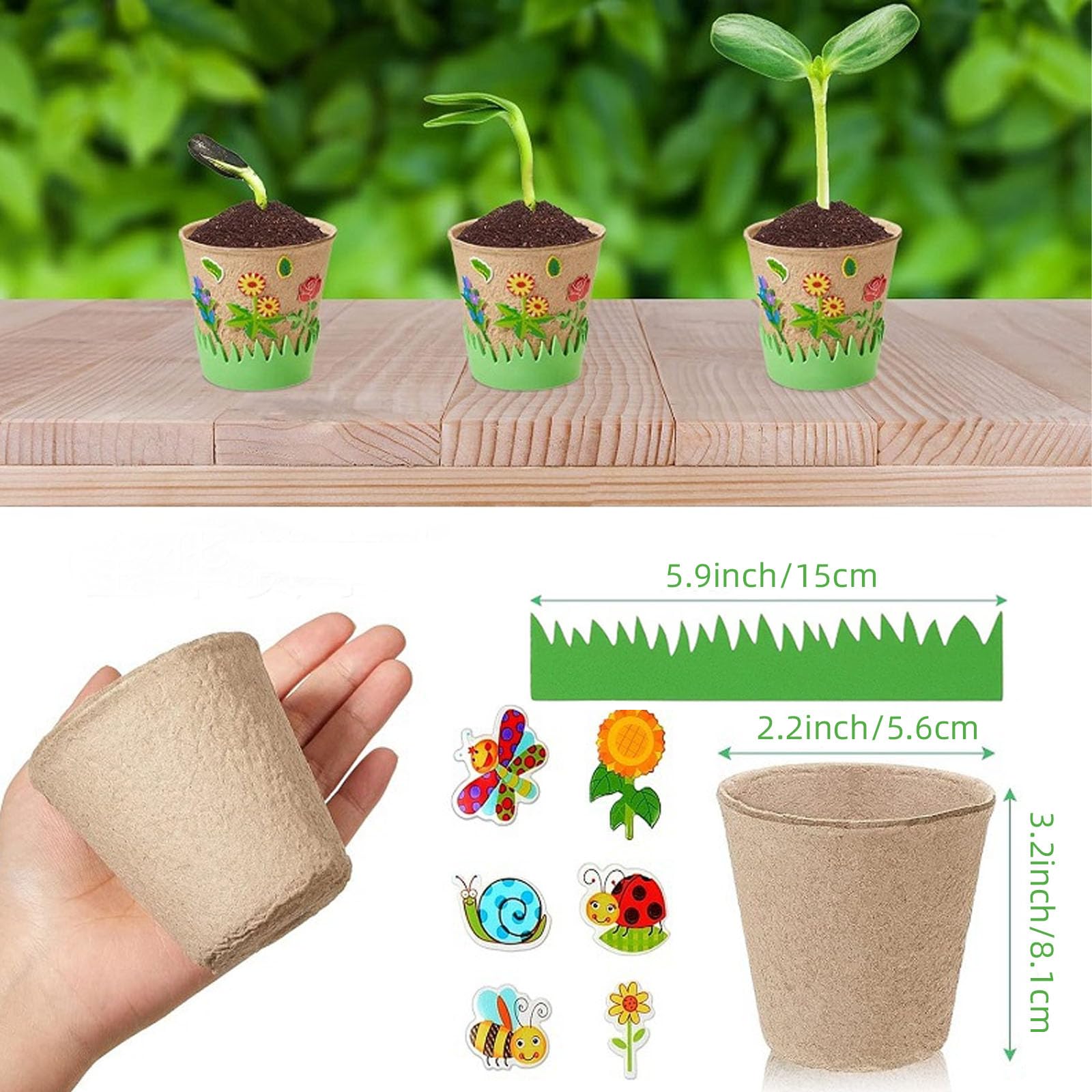 10 macetas de cultivo de pintura DIY. Macetas redondas de aprox. 8 cm. Macetas de cultivo biodegradables. Macetas pequeñas con 2 vallas verdes de 100 cm y 4 pegatinas.