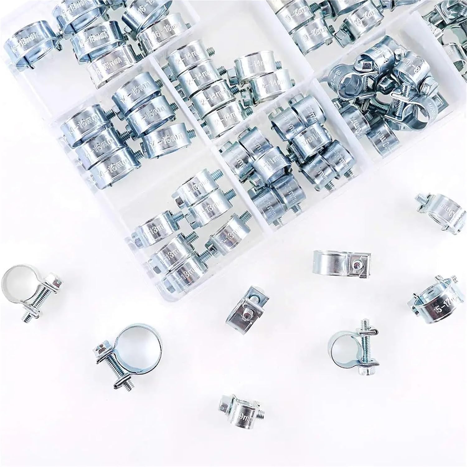 Conduit Clamps 92Pcs Zinc Plated Carbon Steel Mini Fuel Injection Style Hose Clamp Assortment Kit For Diesel Petrol Pipe For Fixing Pipe，Cable