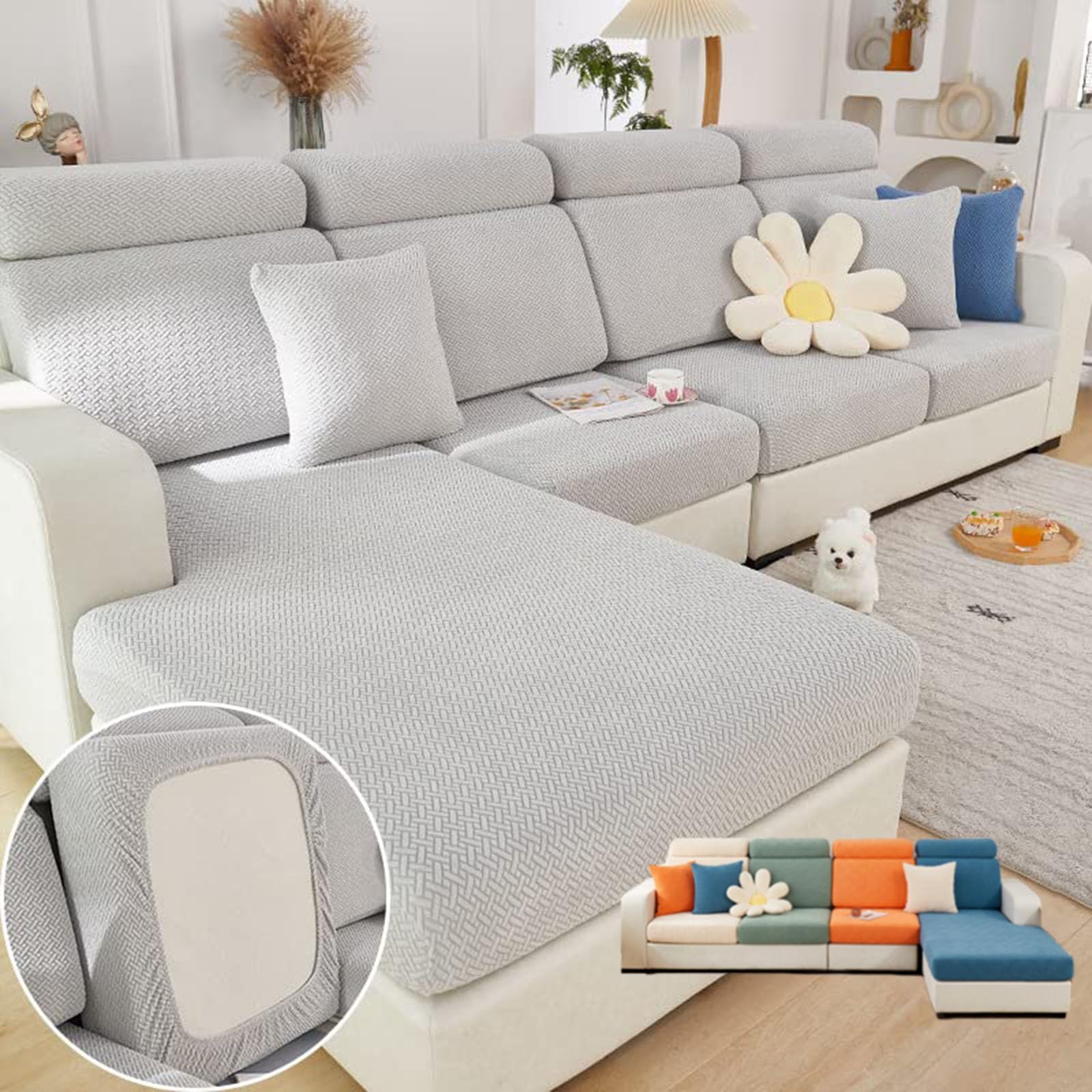 Soothing Home Sofa Covers, Sofa Hero Covers, Wear-Resistant Universal Couch Covers Washable Stretch Sectional Couch Cushion Covers (Light Grey,Back Cover L)
