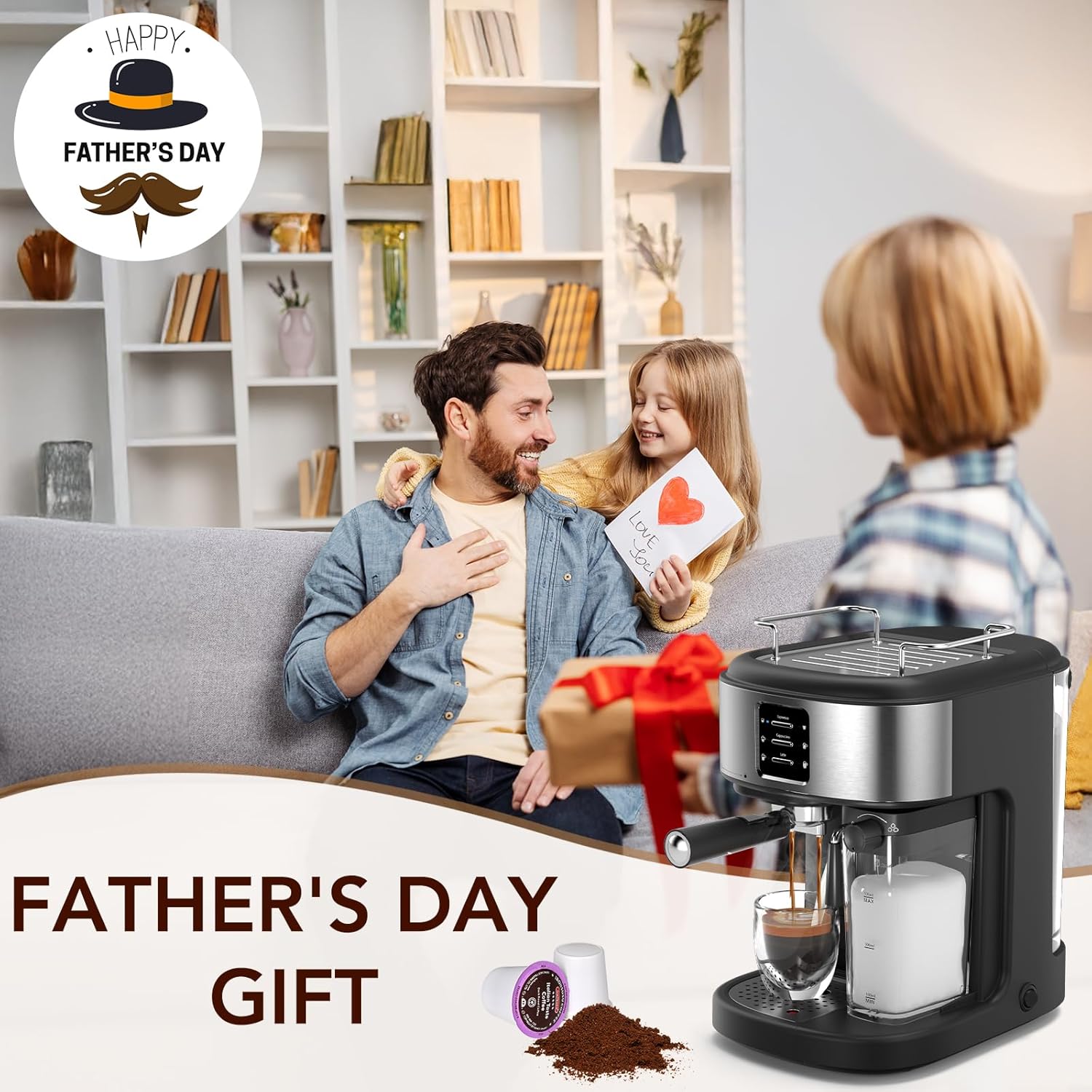 Graphic showing 3-in-1 Espresso Machine features: 20 Bar Pump, Automatic Milk Frother, Cup Warming, Preheat Time < 90s, Overheat Protection, Auto-Cleaning.