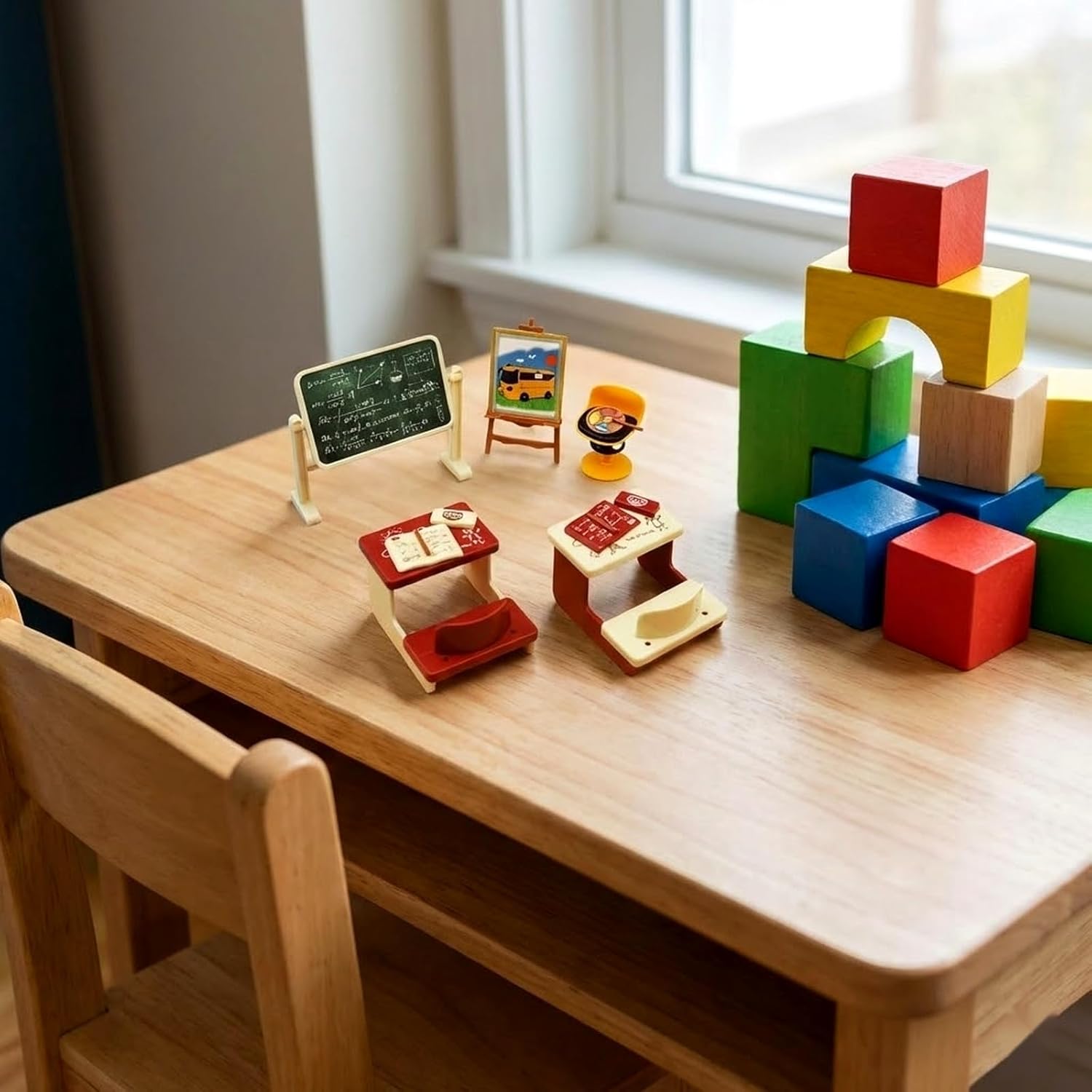 LOGOFUN 2 Sets of Dollhouse Classroom Accessories Miniature School Desk Chalkboard Model for Mini House School Furniture Accessories