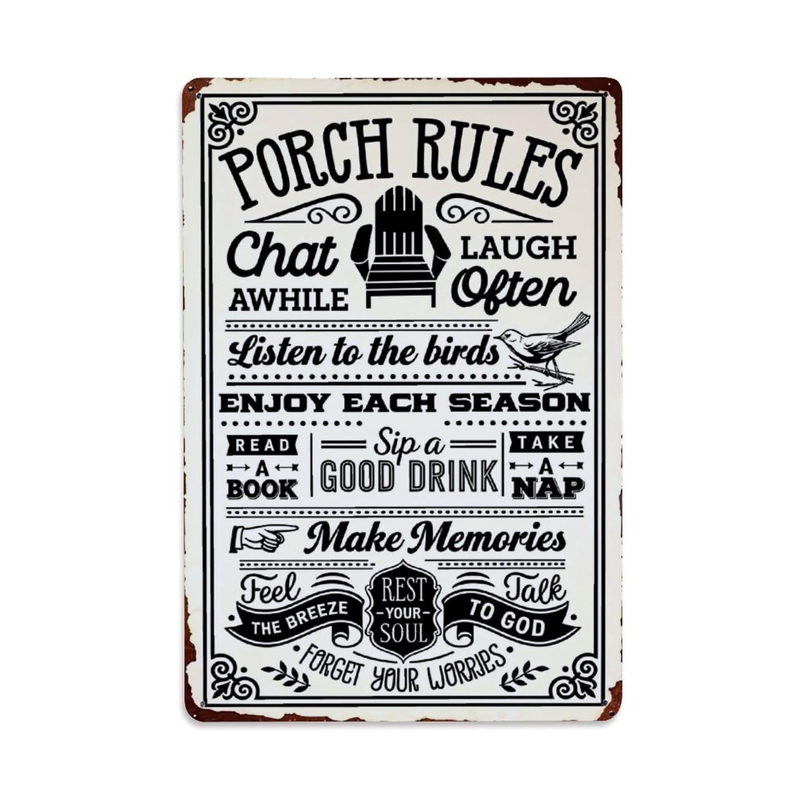 Nestemfo Vintage Porch Rules Sign Design Tin Sign Metal Sign, Living Room,Bar, Home, Bedroom Wall Decor,Retro Metal Poster 8X12 Inches