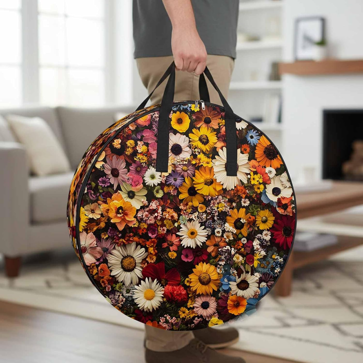 Retro Spring Flowers Round Storage Bag 36 Inch, Pastoral Floral Clothes Storage Container with Handles Heavy Duty Organizer for Comforter, Bedding & Holiday Wreaths