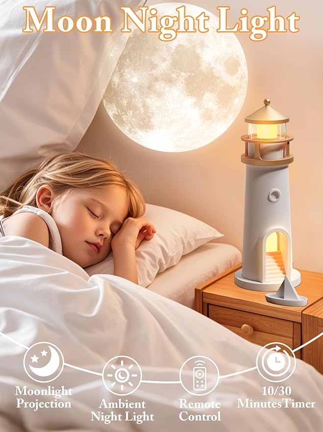 Quipzora Moon Lamp Projector Night Light for Kids,Lighthouse Decor Lamps with Remote Control,LED Aesthetic Table Lamp,Rechargeable Moon Light Galaxy Projector for Bedroom Nightlight Christmas Birthday Gifts photo 2