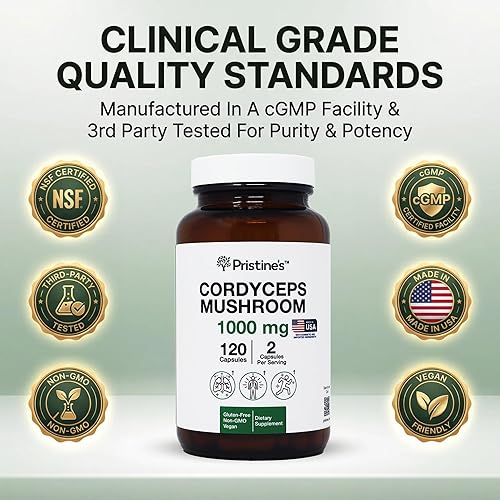 Miniatura 2 de PRISTINE'S Cordyceps - Cápsulas de hongos – Suministro para 60 días de 1000 mg – Suplemento adaptógeno de rendimiento atlético, resistencia e