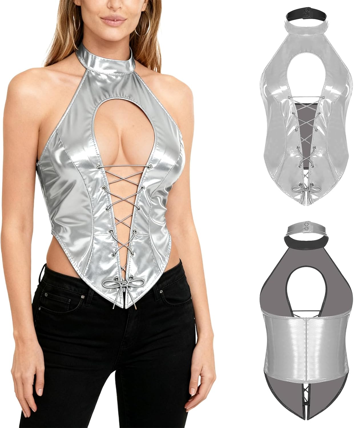 Mufeng Womens Sleeveless Bodycon Crop Top Punk Gothic Glossy PU Halter Hollow-Out Club Pole Dance