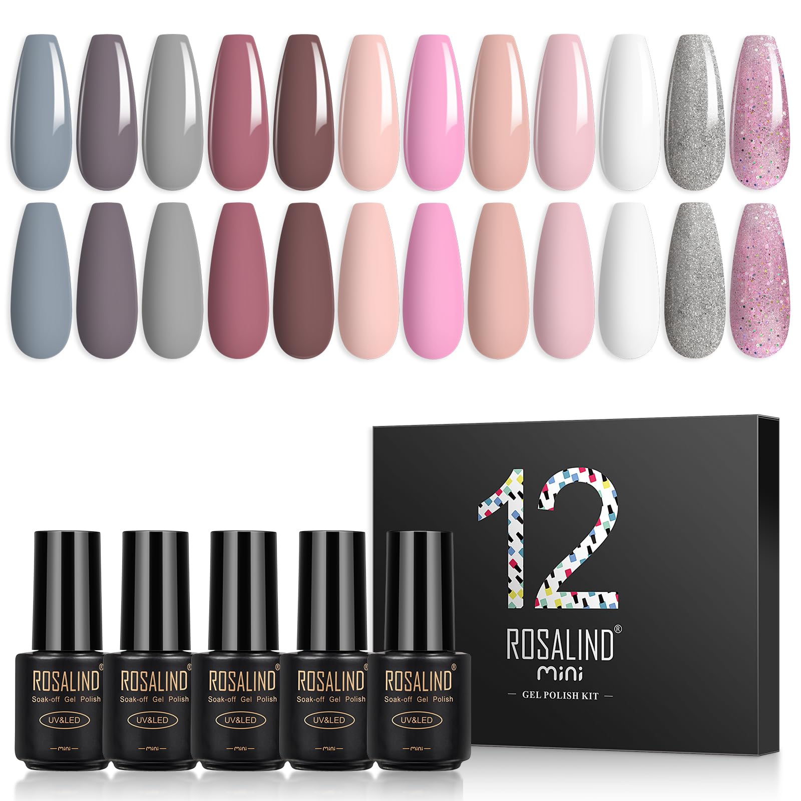 ROSALIND Esmaltes Semipermanentes de Uñas en Gel UV LED, 12pcs Rosa Blanco Gris Plateado Marrón Esmalte de Uñas Pintauñas Semipermanentes