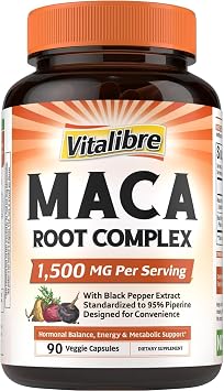 Vitalibre Maca Root Capsules for Women & Men, 1500 mg Maca Root Per Serving, with Black Pepper for Max Absorption, 95% Piperine, Vitality, Mood, Metabolic Support, 90 Capsules