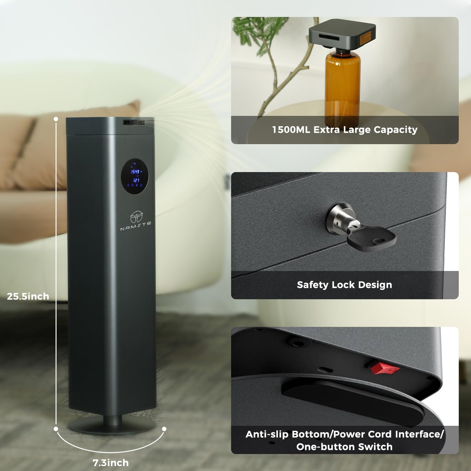 Difusor de aceite esencial de 25 pulgadas para habitación grande, difusor sin agua de 1500 ml, cobertura de 4000 pies cuadrados, tecnología de difusor de aire frío, control táctil y Bluetooth para