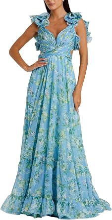 Ruffle Tiered Floral Cut-Out Chiffon Gown