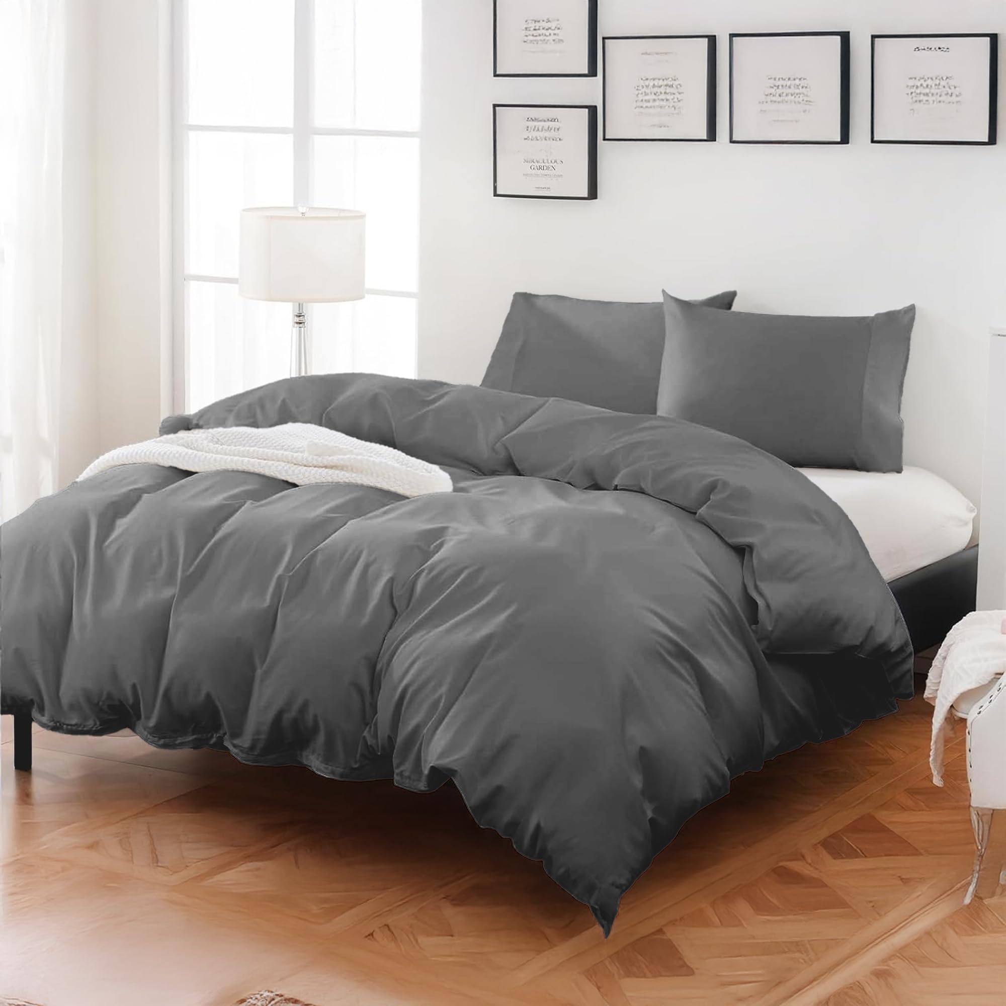 LINENWALAS Set copripiumino per letto matrimoniale, 100% cotone egiziano, 400 fili, con chiusura a cerniera e lacci agli angoli (200 x 200 cm, grigio)