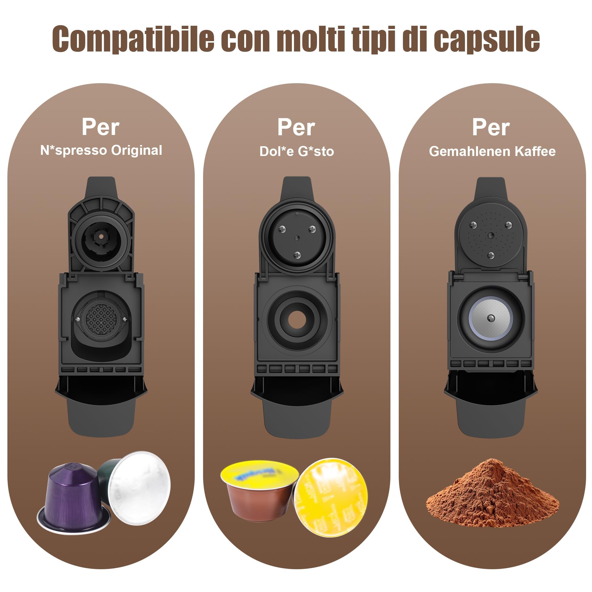 Macchina da caffè 3 in 1 compatta e salvaspazio, compatibile con capsule Nes/DG/Mio e caffè in polvere, 600 ml (ST-551)