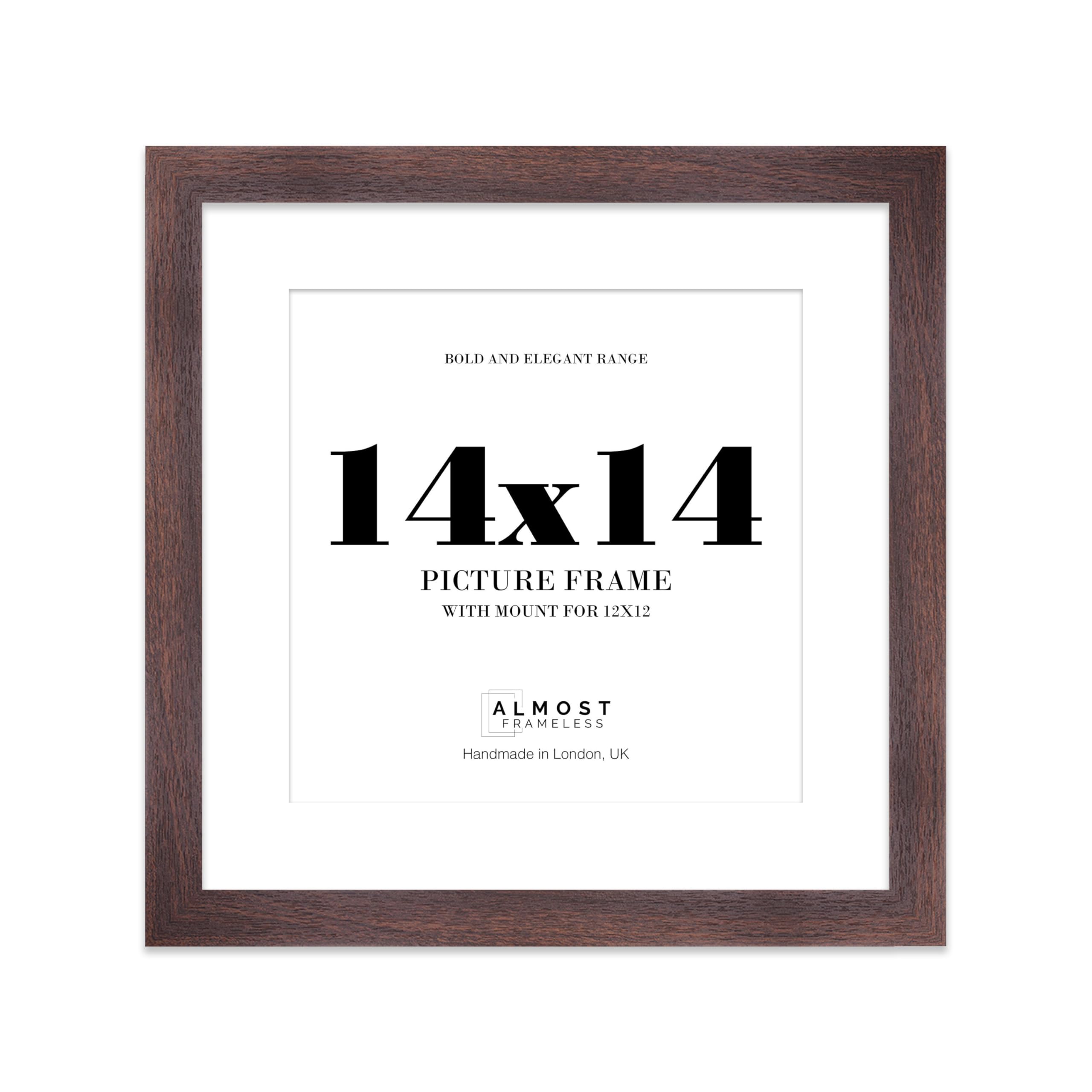 14x14" Walnut Square Frame With Mount for 12x12" Pictures 28mm Edge Frame Display with Wall Hooks, 1 Pack
