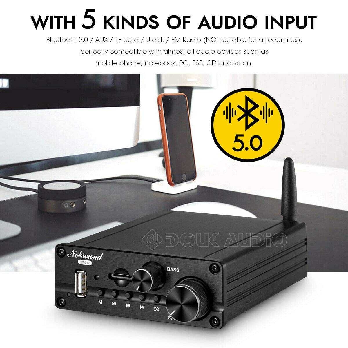 Image showing the Nobsound NS-21G amplifier with a remote control and a smartphone displaying an app, indicating multiple control methods.