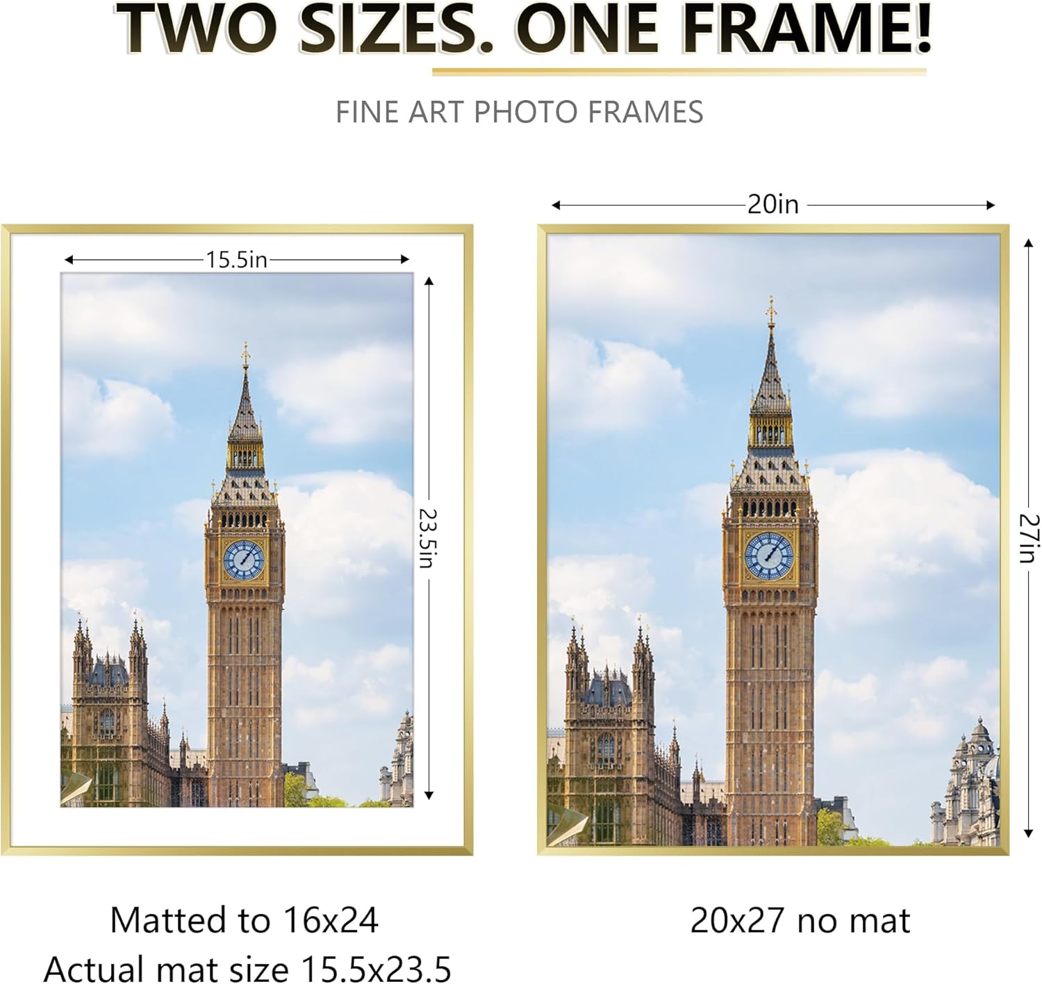 Tinkeps Puzzle Frame 20x27 Gold with Real Glass, Display Pictures 16x24 with Mat or 27x20 Without, 20 x 27 Aluminum Metal Poster Frame for Vertical or Horizontal Wall Hanging Gold 20x27