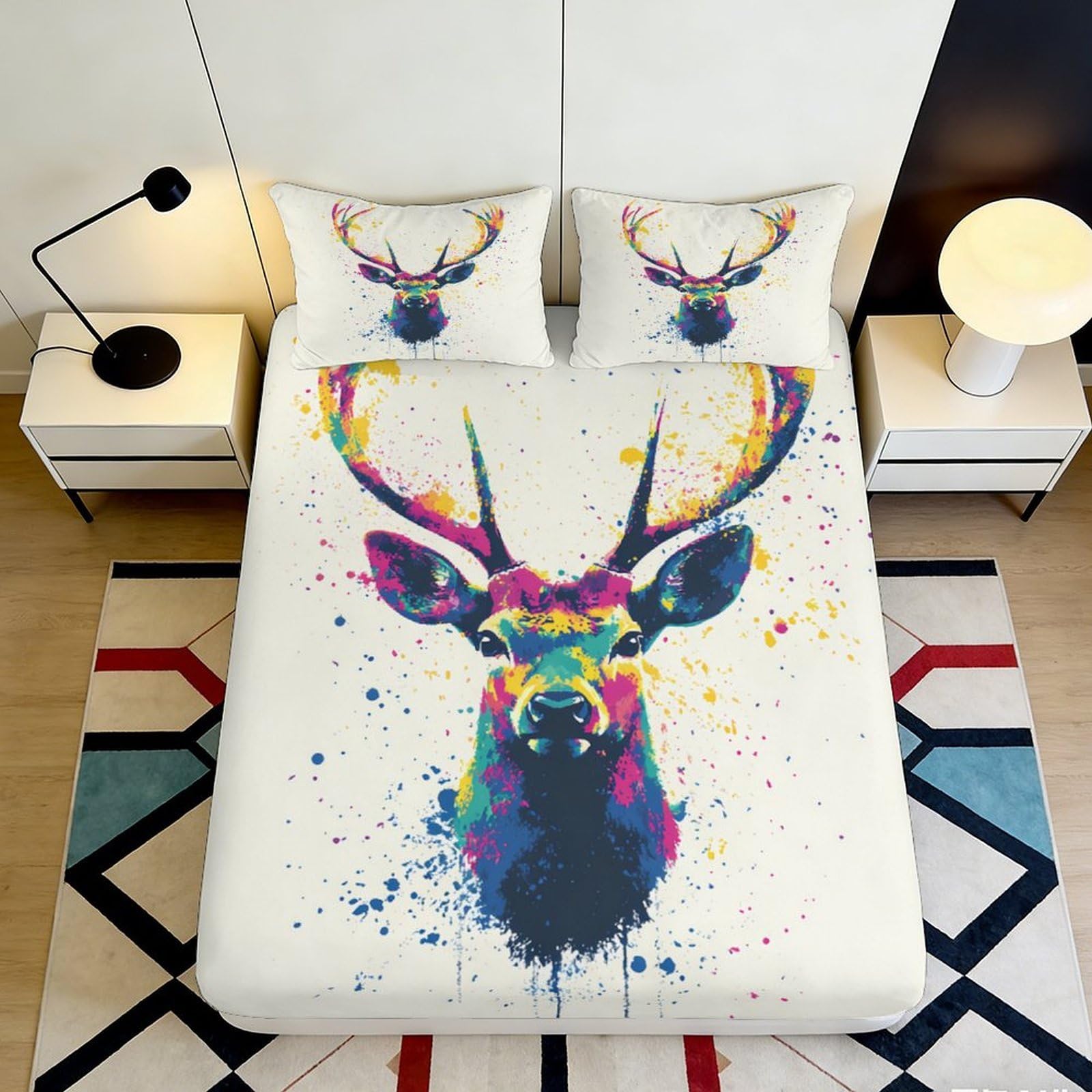 3D Printed Colorful Deer Fitted Sheet Microfiber Soft Breathable Abstract Stag Bed Sheet for Bedroom Guestroom Decor 90x200x25cm