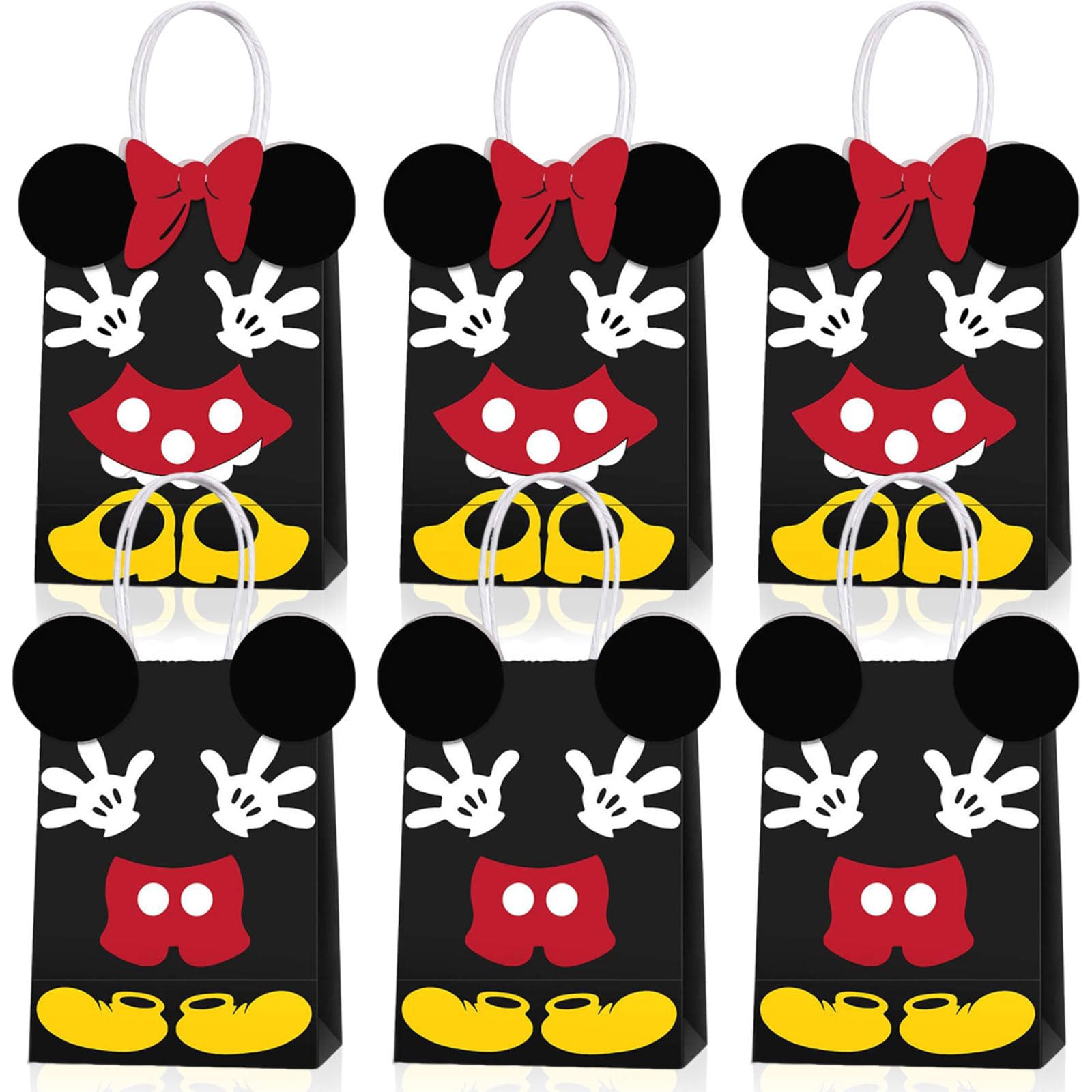 JAMNSY 12 Pcs Mouse Party Favor Bags, Cute Bow Paper Gift Bags with Handles, Cartoon Themed Candy Bags for Birthday Party Decorations & Treat Storage