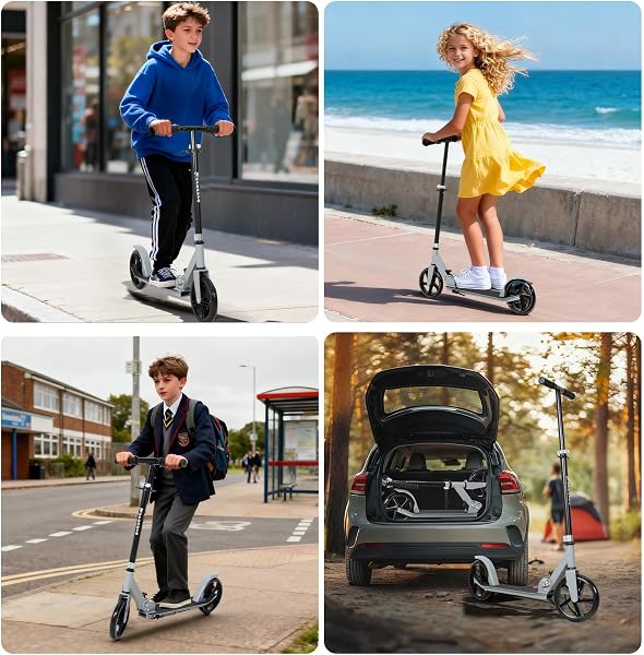 Trottinette Ado Pliable, Trottinette Adolescent avec Guidon Hauteur Ajustable 3 Niveaux, Trotinette Enfant Grande Roue 200MM Résistant, Trotinette Enfant/Ado 9-14Ans 125-175CM Charge 100KG - 5