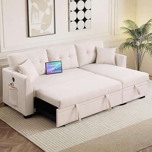 Sofá en forma de L con almacenamiento y cama extraíble, futón convertible con puertos, sillón reclinable para sala de estar, dormitorio,
