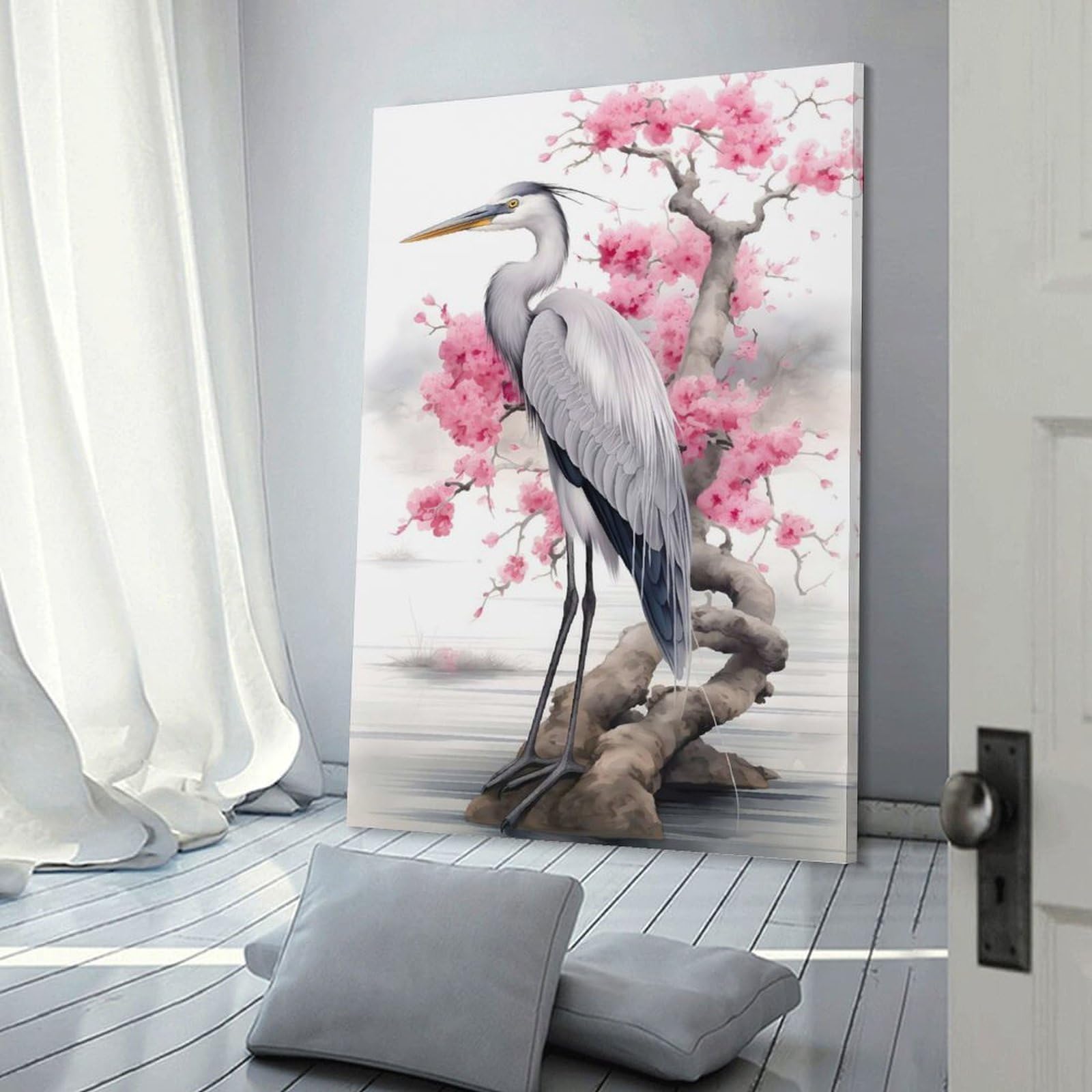 Junmoney Frame-Style-3 Canvas Wall Picture Cherry Blossom Heron, 20X30inch(50X75cm), For Bedroom, Lounge Or Dressing Area, Stylish Decor For A Restful Room Update