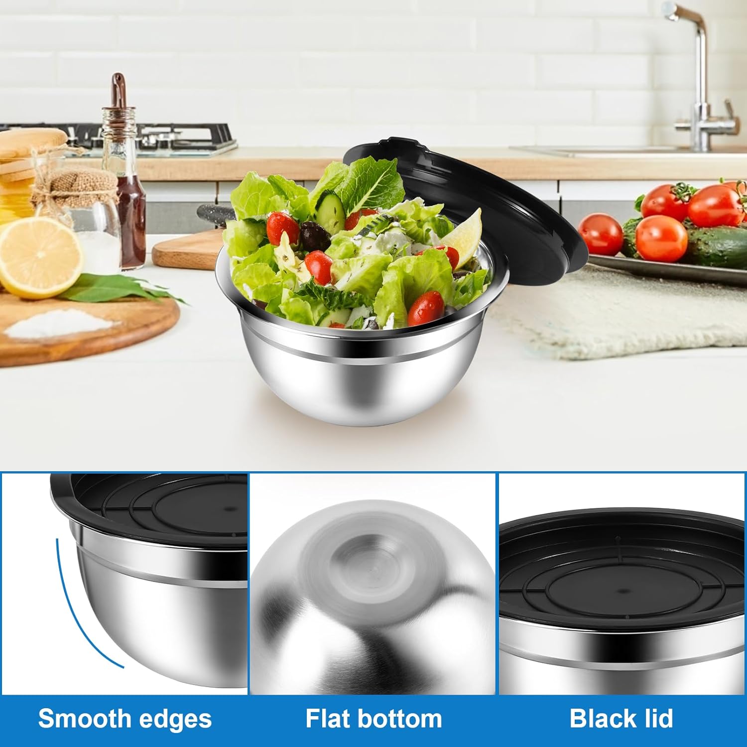 5 Pack Mixing Bowls with Lids, Stainless Steel Mixing Salad Bowls, Metal Nesting Bowl, Stackable Salad Serving Bowl for Kitchen Cooking Baking Prepping, Size 4.5, 2.5, 1.5, 1, 0.75QT, Black