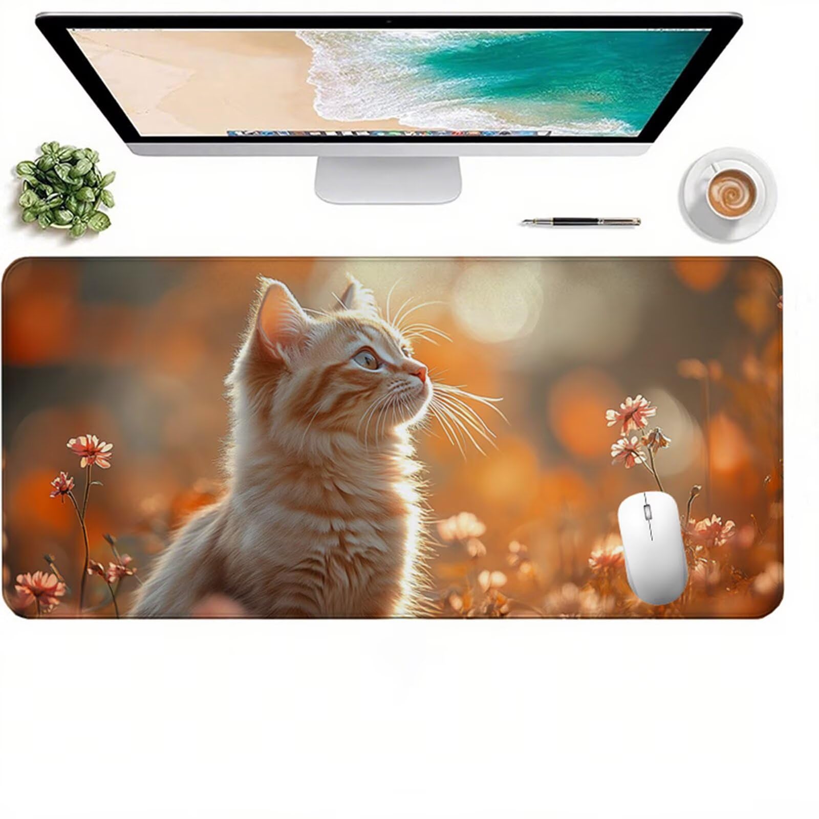 Brązowa podkładka pod mysz dla graczy XXL 1400 x 600 x 3 mm, podkładka pod mysz kot z antypoślizgową i wodoodporną gumową podstawą, gładka powierzchnia poprawia precyzję i szybkość D1-527