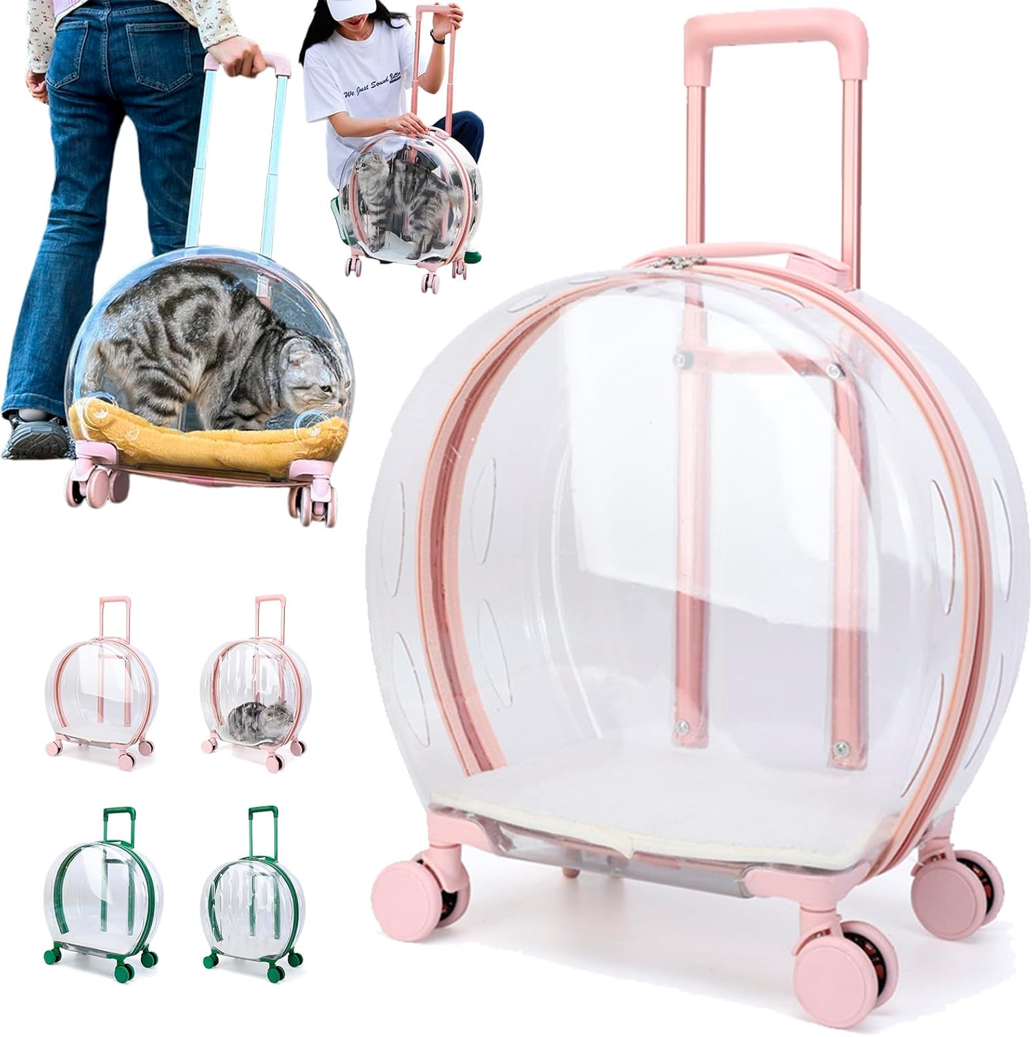 Cat Suitcase, Clear Cat Suitcases with Wheels, Cat Carriers with Wheels, Transparent & Fully Breathable Hard Cat Carrier with Rolling Wheels, Clear Cat Carrier Suitcase for Pet Travel (Pink-A)