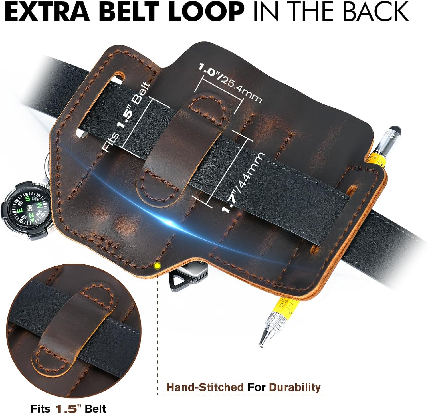 FLYHOMES Genuine Leather Multitool Sheath | Handmade Stitched Belt Organizer for Leatherman Surge | Holds Bit Kit & Extender | Flashlight Holster, Pen & EDC Tools Pouch | Dark Brown + Black - Image 5