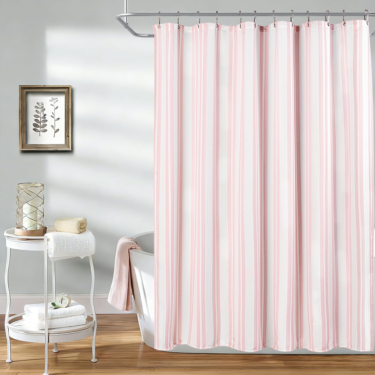 ORTIGIA Pink Striped Shower Curtain 72x72 Inch, Waffle Textured Heavy Duty Thick Cloth Fabric Shower Curtains with 12 Metal Hooks,Pink and White Bath Bathroom Shower Curtain
