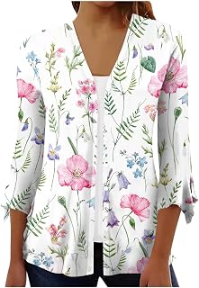 Three Quarter Sleeve Holiday Open Shirt for Women Pop Soft Wedding Comfy Butto Collarless Printing Cardigan for Women