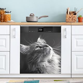 Cat Dishwasher Magnet Cover Magnetic Sticker Dish Washer Door Panel Cover Fridge Appliance Magnet Decal Sheet Kitchen Decor, Free to Cut 23x26 inch A0900154