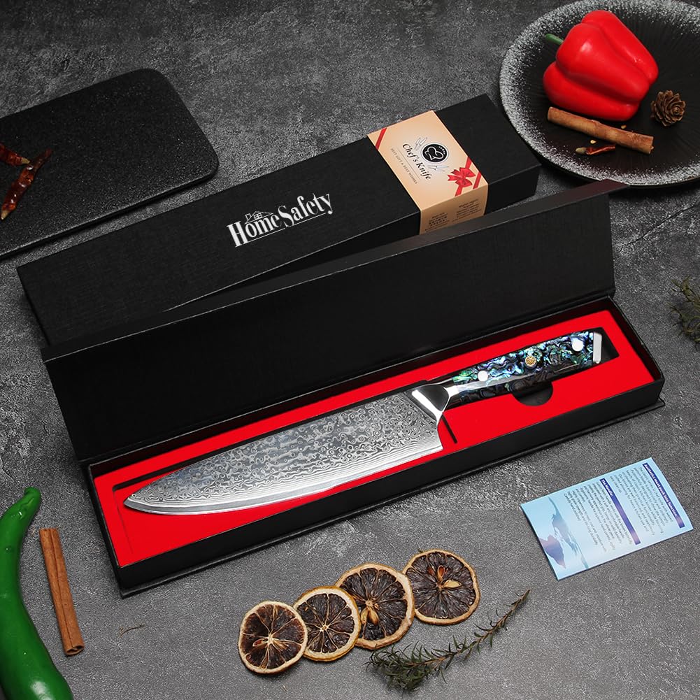 Home Safety Coltello Damasco da Chef con Lama Estremamente Affilata da 20 cm in 67 Strati di Acciaio Damasco VG-10 Coltello da Cucina Damasco da Carne, Manico in Abalone, Confezione Regalo