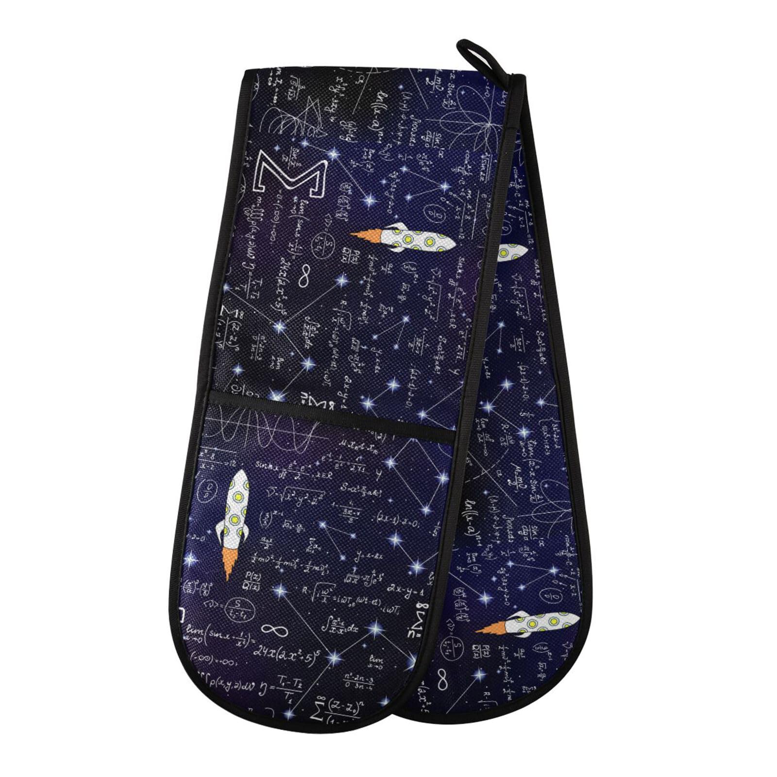 Double Oven Gloves Heat Resistant Galaxy Math Star Double Oven Mitts Pot Holder Heat Protection Oven Gloves for Home Kitchen Baking Cooking BBQ Microwave