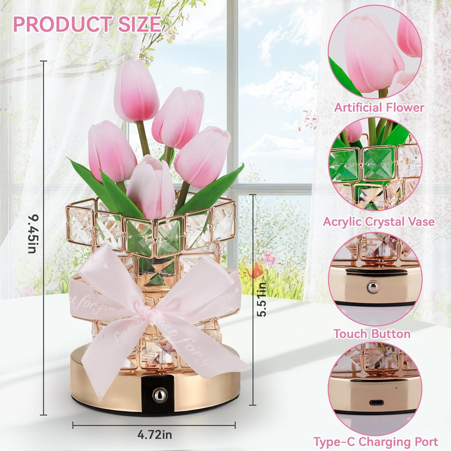 Tulip Table Lamp, 3-Color Dimmable Artificial Flowers Night Light, Rechargeable Cordless Small Desk Lamp, Fake Bouquet 5 Tulip with Crystal Vase for Date Party Home Decoration
