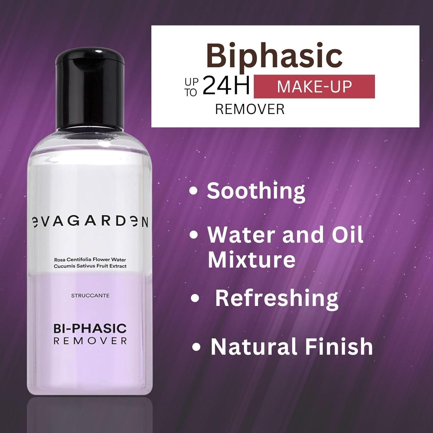 EVAGARDEN Biphasic Make-Up Remover - Suitable for All Skin Types - Water and Oil Mixture - Eliminates Waterproof Products from Eyes and Lips - Soothing and Refreshing Action Formula - 3.38 oz - Image 3