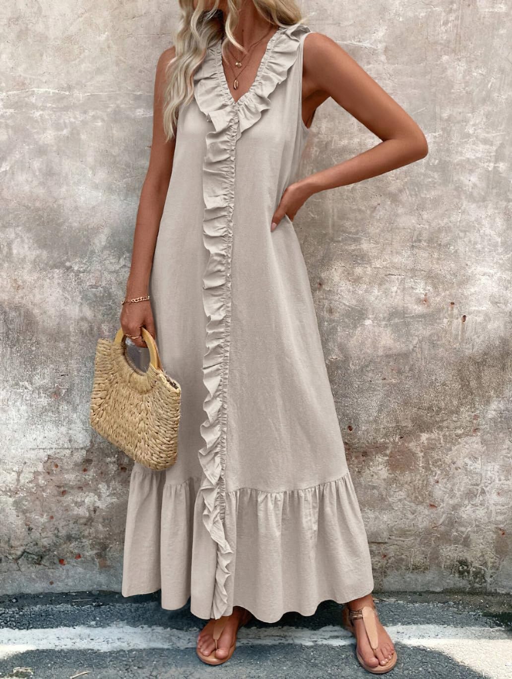 chouyatou Women's Summer Beach Cotton Tank Dress Linen Boho Sleeveless Tiered Ruffle Maxi Long Sundress